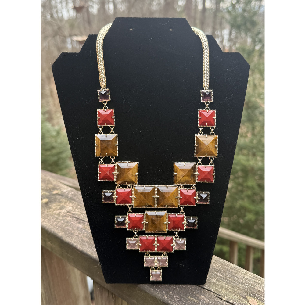 Kendra Scott Rare Gold Tone Tigers Eye Bib Statement Necklace Amethyst Geometric